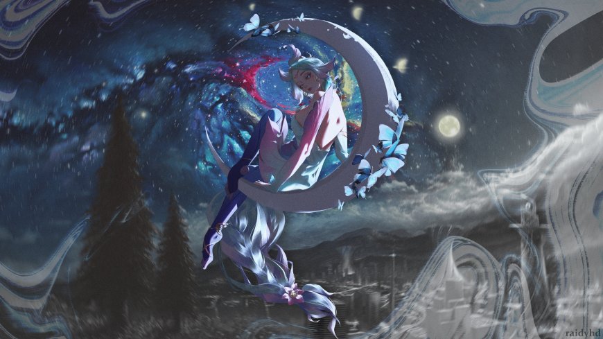 星穹少女坐月环蝶舞蓝紫奇幻动漫电脑壁纸