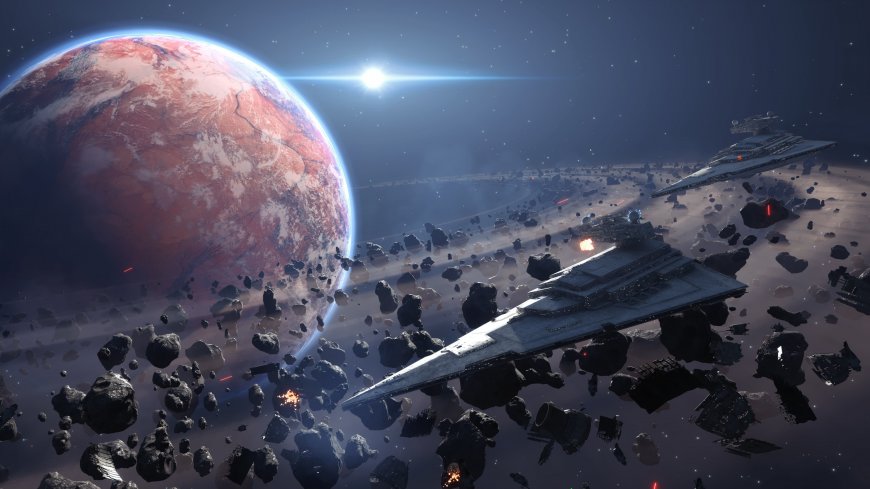 星战帝国歼星舰穿梭小行星带暗蓝太空科幻电