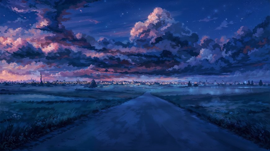 夜空云霞城市远眺蓝紫风景电脑壁纸