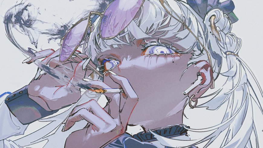 银发少女紫镜烟雾紫灰动漫电脑壁纸