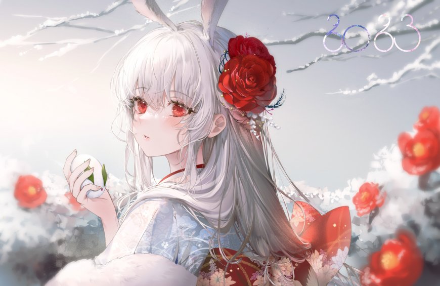 白发兔耳少女红玫瑰雪景粉紫动漫电脑壁纸