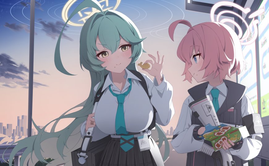 碧蓝档案两位少女校园互动粉紫动漫电脑壁纸