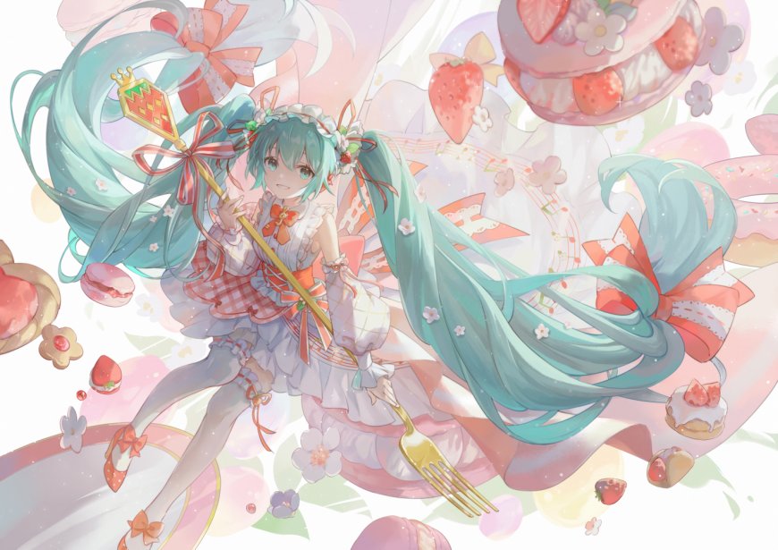 初音未来草莓甜点粉白动漫电脑壁纸