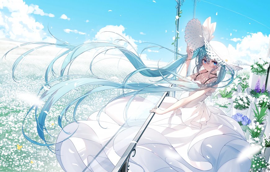 初音未来蓝发白裙花海清新动漫电脑壁纸