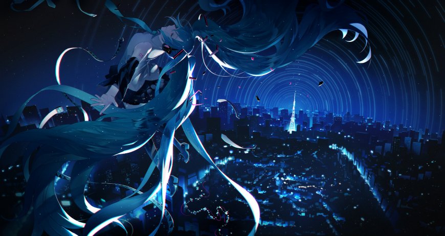初音未来蓝发飘逸夜景城市动漫电脑壁纸