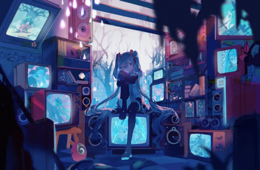 初音未来蓝紫霓虹动漫电脑壁纸精选