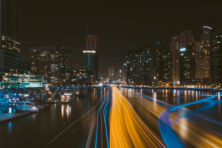 迪拜夜景高楼林立车流光轨蓝金城市建筑电脑