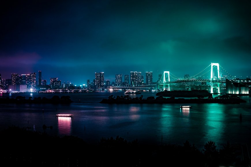 东京彩虹桥夜景蓝绿城市建筑电脑壁纸