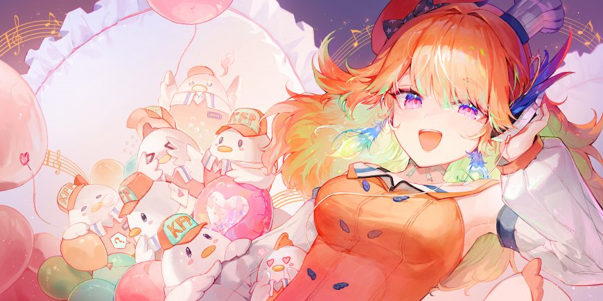动漫角色橙发少女戴耳机欢笑粉紫梦幻动漫电