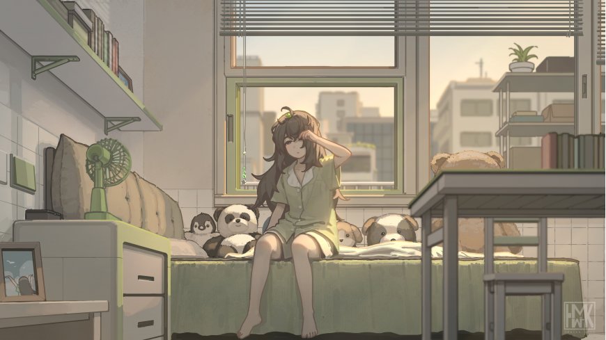 动漫少女窗边休憩浅绿温馨动漫电脑壁纸