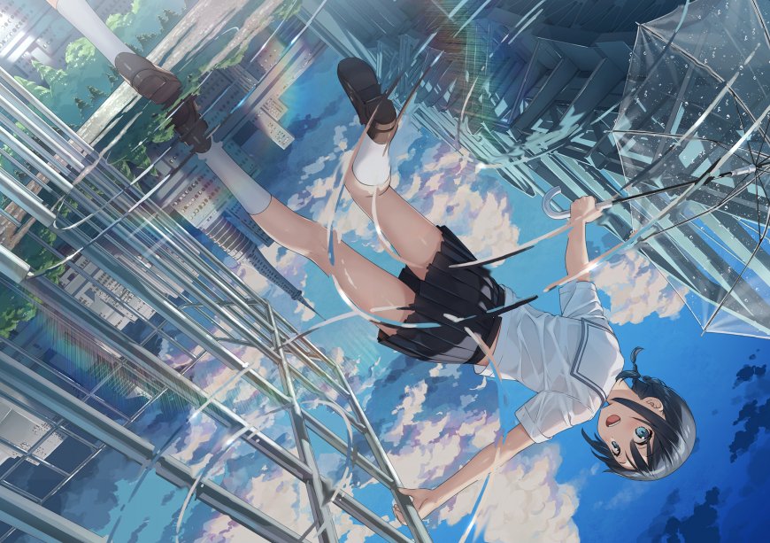 动漫少女雨中撑伞倒挂蓝白唯美动漫电脑壁纸