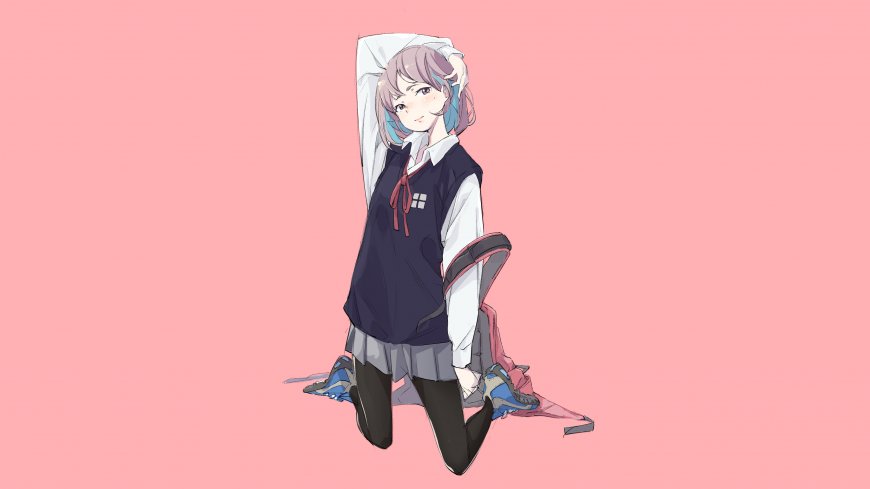 粉发蓝挑染少女校服跪坐粉紫动漫电脑壁纸
