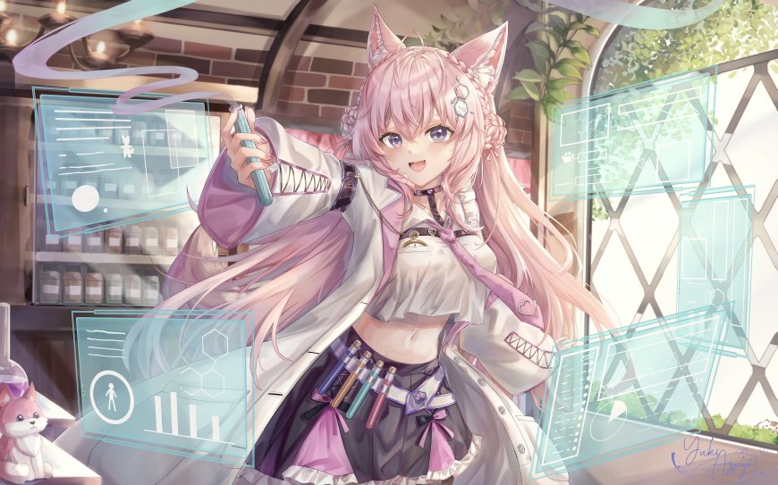 粉发猫耳少女持试管科技风粉紫动漫电脑壁纸