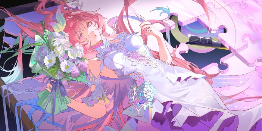 粉发少女持花躺卧紫粉梦幻动漫电脑壁纸