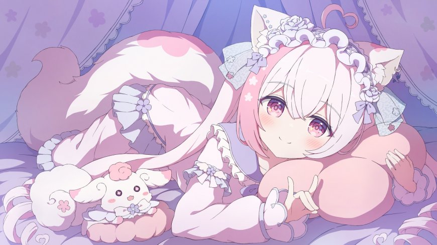粉发猫耳少女躺卧抱兔紫粉动漫电脑壁纸