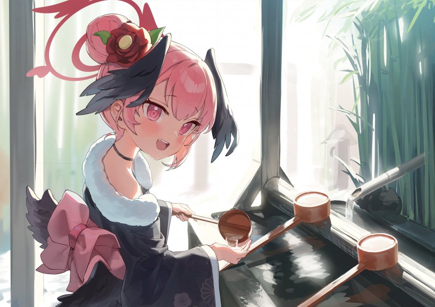 粉色短发少女持勺舀水粉紫动漫电脑壁纸