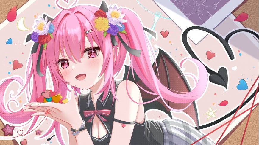 粉色双马尾少女花饰黑翼粉紫动漫电脑壁纸