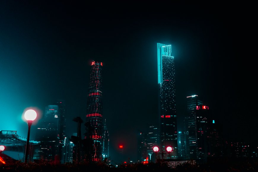 广州双子塔夜景霓虹蓝红城市建筑电脑壁纸