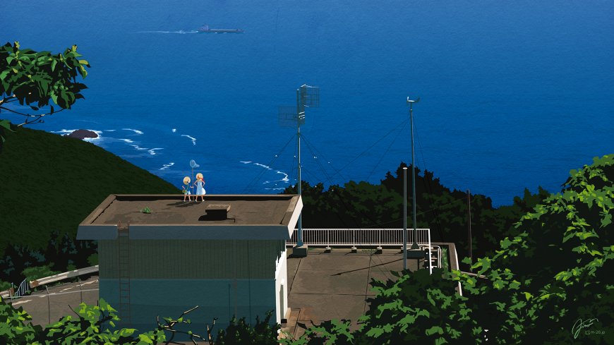 海边屋顶双人眺望蔚蓝风插画电脑壁纸