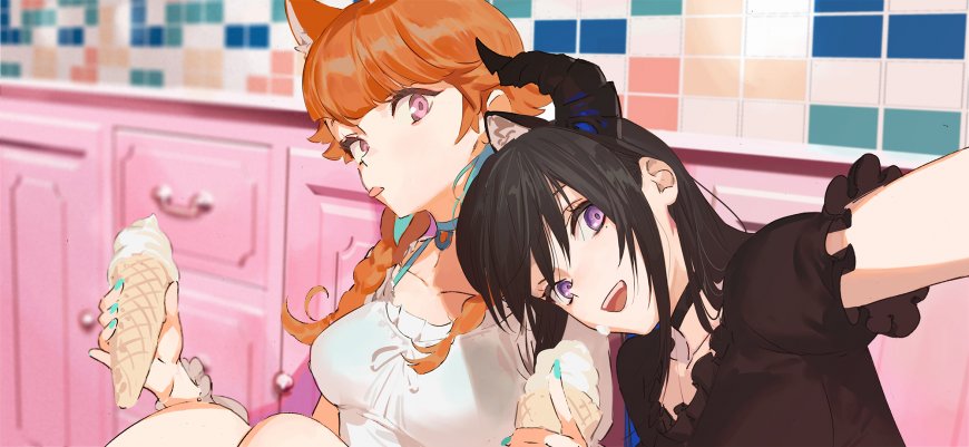 狐耳少女与黑发猫耳少女粉色厨房动漫电脑壁纸