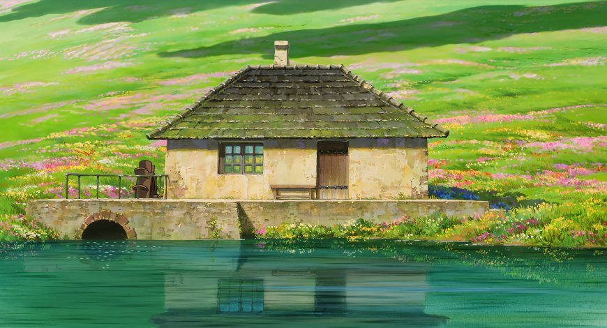 湖畔小屋花海倒影绿意盎然风景电脑壁纸