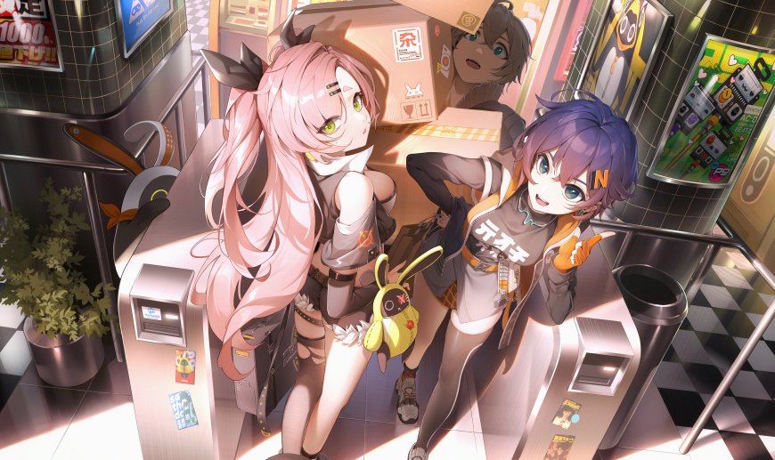 绝区零妮可与铃酱地铁站互动粉紫动漫电脑壁纸