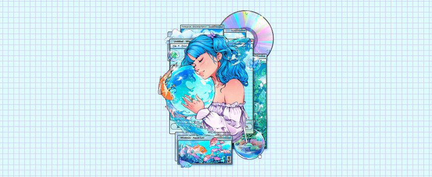 蓝发少女抱水球鱼缸叠窗格蓝绿动漫电脑壁纸