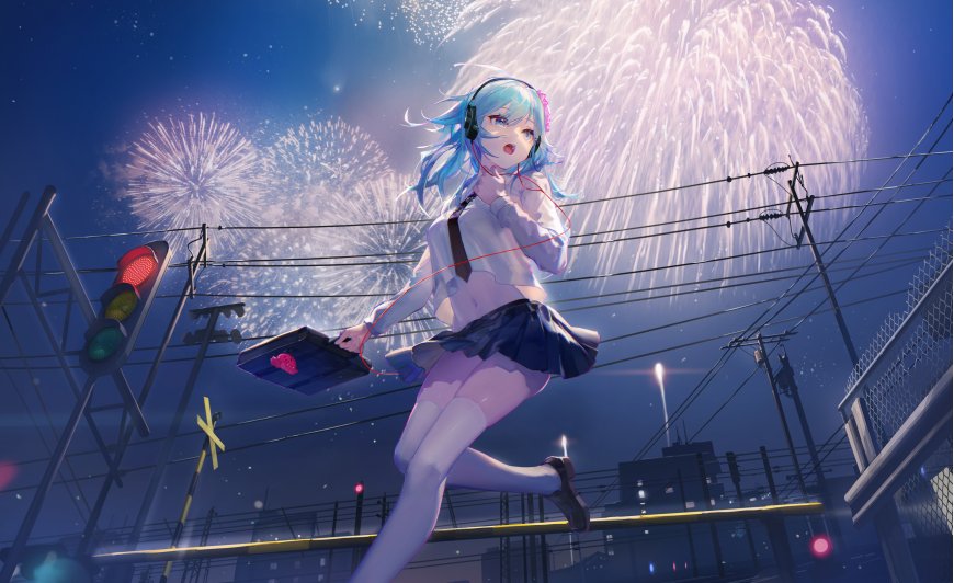 蓝发少女奔跑烟花夜景动漫电脑壁纸