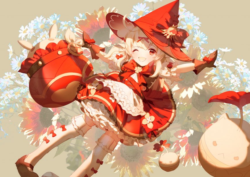 魔法少女红裙跃动暖金动漫电脑壁纸