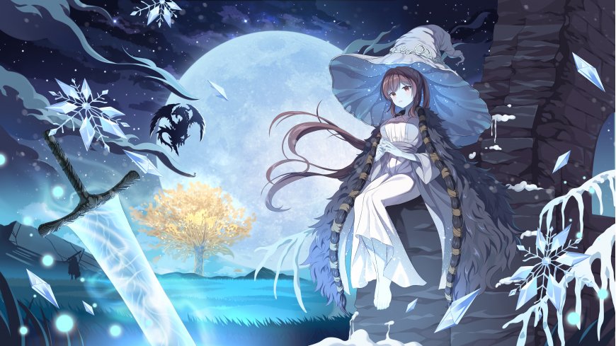 魔女少女月夜雪景蓝紫奇幻电脑壁纸