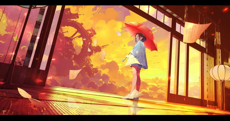 少女持红伞立窗前橙黄渐变动漫电脑壁纸