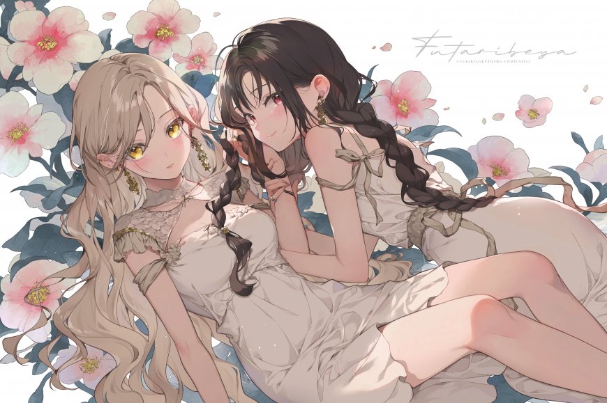 双少女花丛依偎粉白动漫电脑壁纸