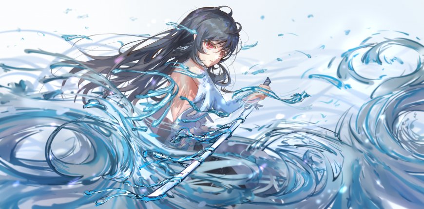 水系少女持剑驭浪蓝白动漫电脑壁纸