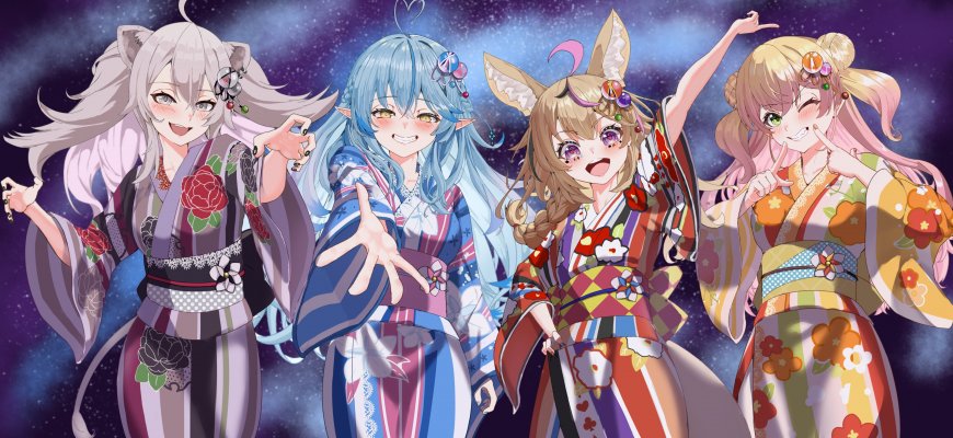 四位和风少女猫耳狐耳动漫角色紫星空背景动