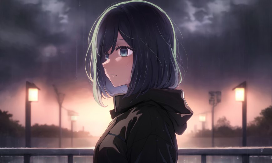 雨夜少女黑发蓝眸紫灰动漫电脑壁纸