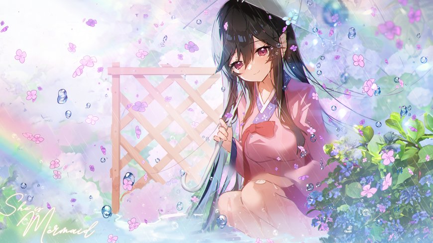 雨中少女持伞樱花飞舞粉紫动漫电脑壁纸