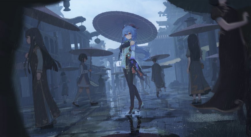 原神甘雨雨中持伞蓝发少女青灰古风动漫电脑