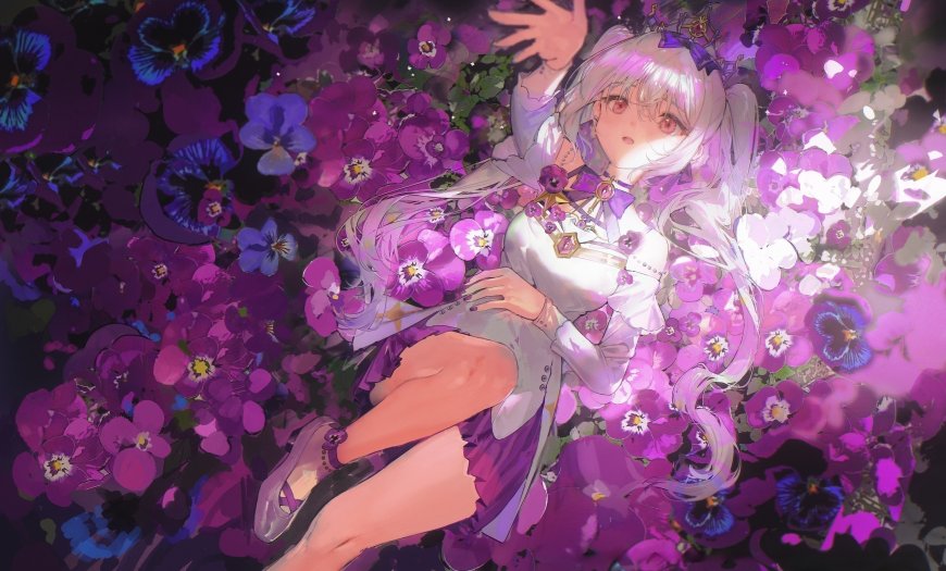 紫花丛中银发少女梦幻粉紫动漫电脑壁纸