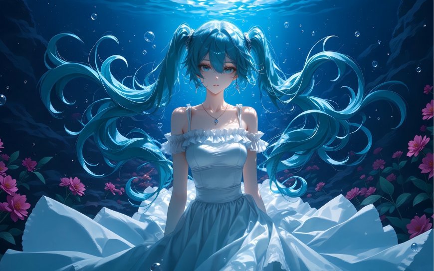 初音未来水下白裙蓝发动漫电脑壁纸