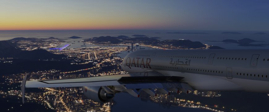 卡塔尔航空客机夜航城市灯火蓝风景电脑壁纸
