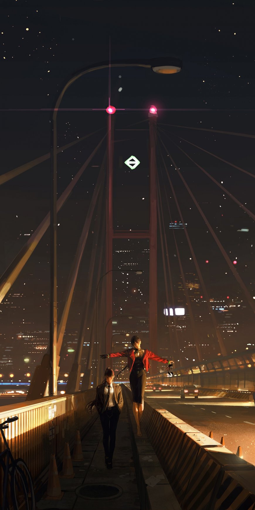 夜景大桥双女漫步暖金动漫手机壁纸
