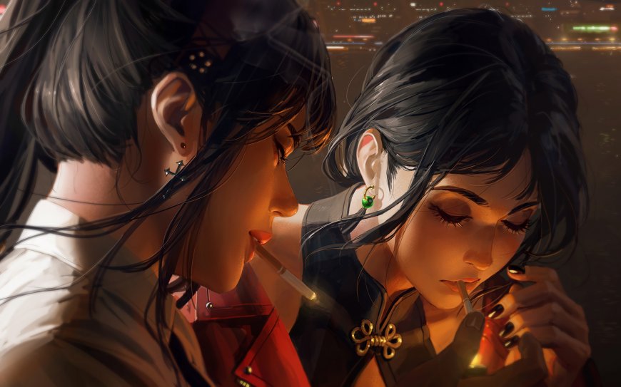 双女主夜景点烟暖橙动漫电脑壁纸