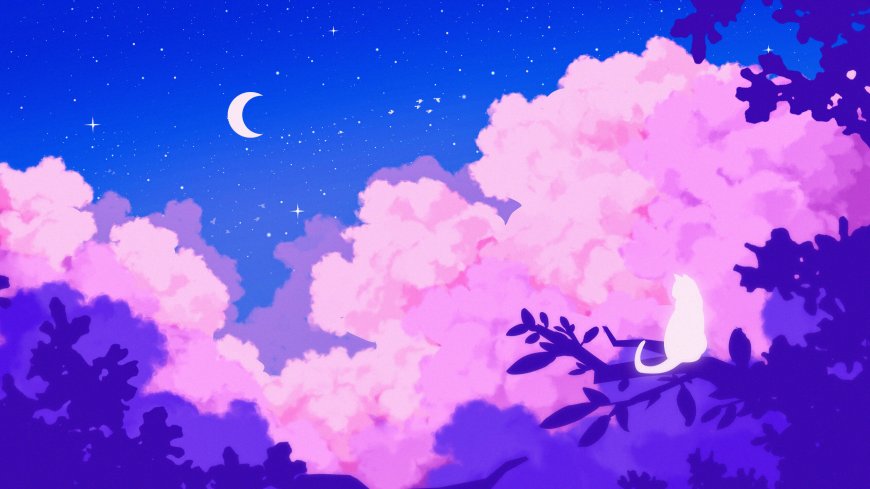 夜空粉云白猫静坐紫蓝梦幻风景插画电脑壁纸