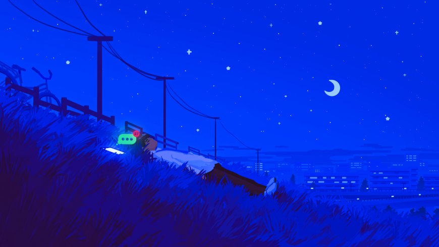 夜晚草坡少年仰望星空蓝紫动漫电脑壁纸