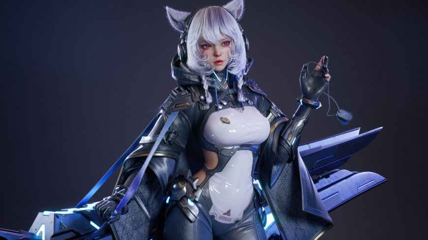 银发猫耳少女机甲战衣蓝紫科幻电脑壁纸