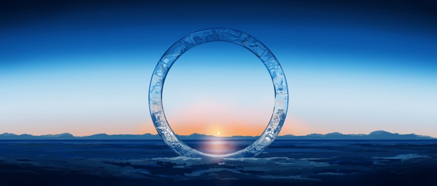 冰晶圆环日出海面蓝橙科幻电脑壁纸