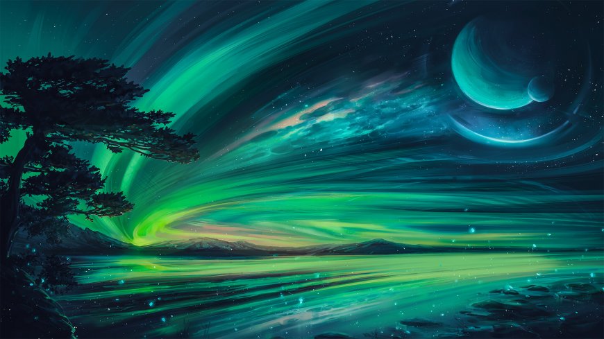 极光湖畔双月星空蓝绿奇幻风景插画电脑壁纸