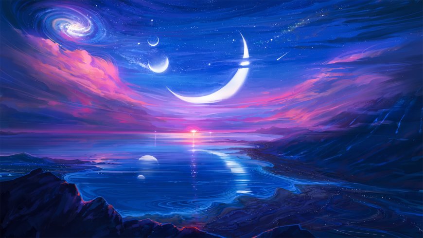 星云漩涡多月同辉蓝紫梦幻风景插画电脑壁纸