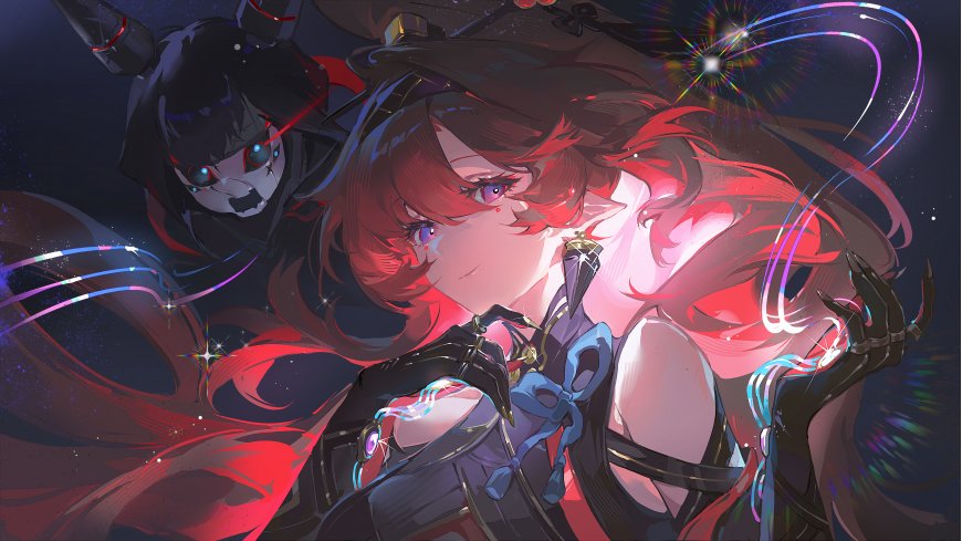 原神胡桃红发紫瞳魔法特效暗红奇幻电脑壁纸