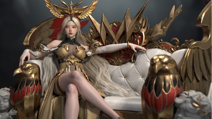 金发少女王座华服红金奇幻电脑壁纸